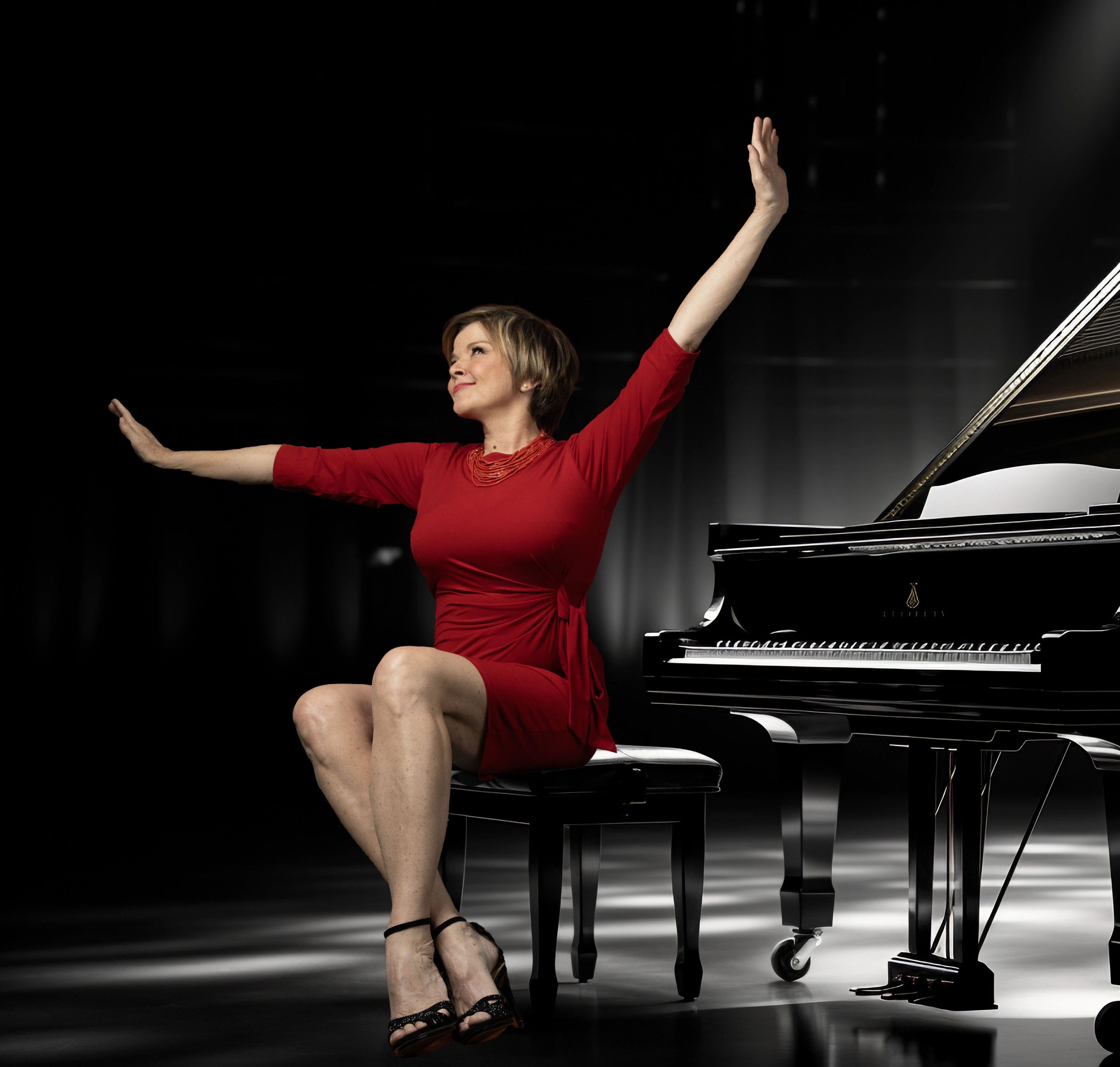 Karrin Allyson at the piano, red dress (B&W)